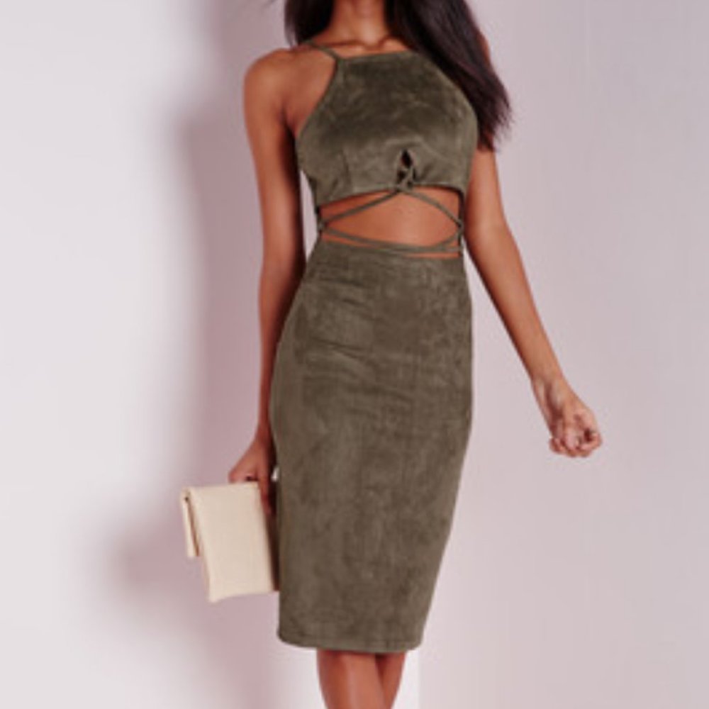 Missguided Olive Green Suede Midi Bodycon Dress with Cut Out